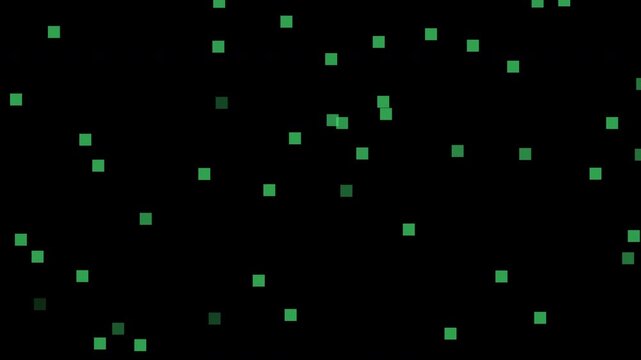 Animated dynamic green square pixels appear on a black background. 