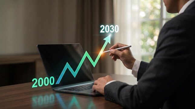 Businessman using laptop with digital holographic chart showing business growth from year 2000 to 2030, corporate strategy and future planning