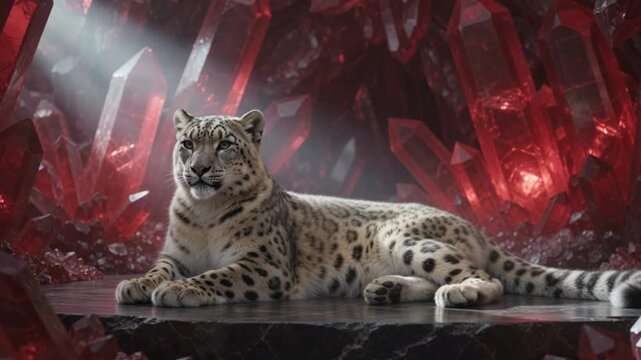 Snow Leopard Resting in Surreal Ruby Red Crystal Cave