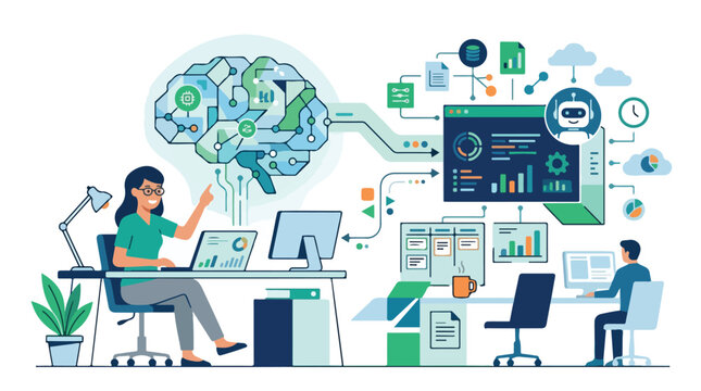 Vector illustration depicting people working with artificial intelligence, data analytics, and cloud technology in a modern office setup.