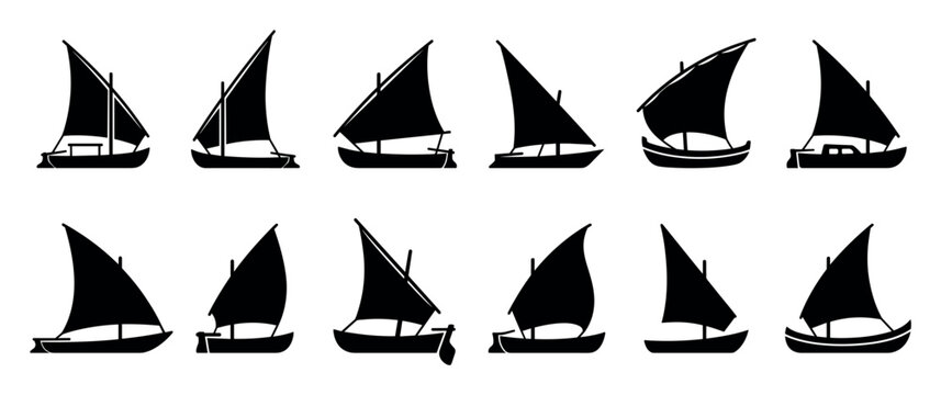Set of twelve black dhow sailboat silhouettes with classic lateen sails, showcasing a variety of traditional vessel designs in a clean, minimalist graphic icon style for nautical concepts
