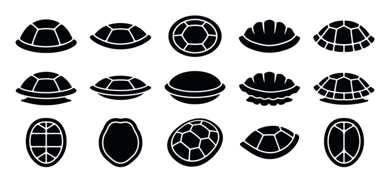 Black turtle and tortoise shell silhouettes in a large collection, featuring various carapace shapes, patterns, and perspectives in a minimalist icon and glyph design