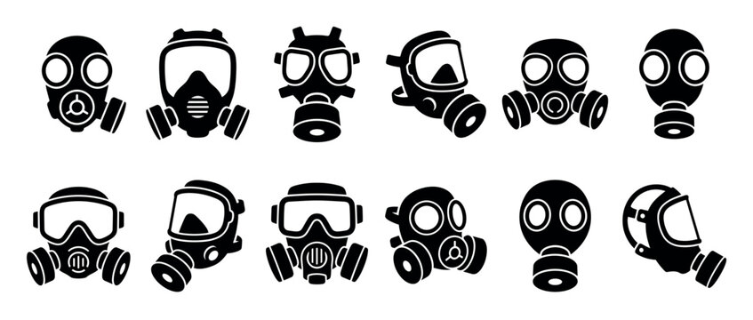 Collection of black gas mask icons in various designs shows different types of protective respirators for hazardous environments, rendered in a simple glyph and silhouette style