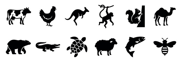 Fototapeta premium Collection of twelve black animal silhouettes featuring a cow, chicken, kangaroo, monkey, squirrel, camel, bear, crocodile, turtle, sheep, fish, and bee in a simple icon set