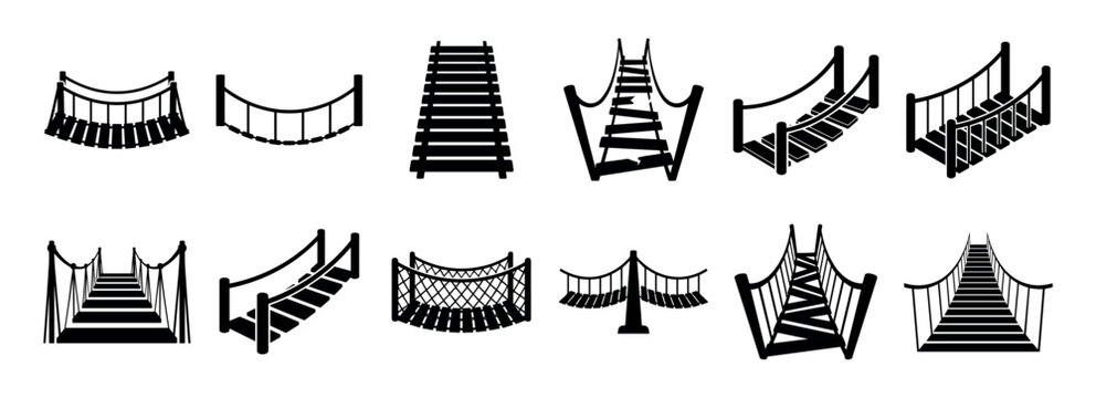 Collection of black rope bridge silhouettes and wooden footbridge icons showing various designs and perspectives for adventure and crossing concepts