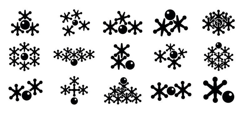 Fifteen different black silhouette icons of the jacks game, showcasing multiple creative arrangements of star-like knucklebones and a single round ball in a clean graphic style