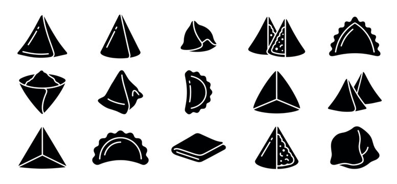 Samosa and dumpling black solid glyph icons collection featuring various triangular, folded, and crimped pastry shapes, including some cut to show the filling