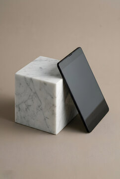Sleek black compact passport sized smartphone leaning against a white marble block showing modern premium hardware design