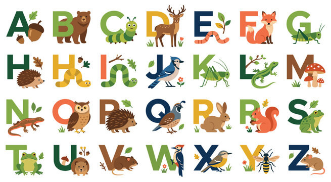 Forest animal alphabet poster with cute woodland creatures.