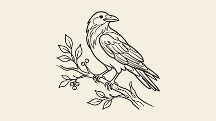 Obraz premium Elegant black raven on branch in minimalist line style for holiday decorations