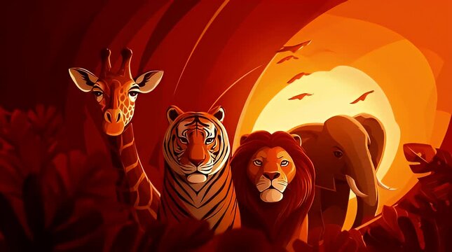Majestic African Wildlife Silhouette A vibrant vector illustration featuring a giraffe tiger lion and elephant set against a fiery sunset backdrop perfect for travel branding and conservation themes