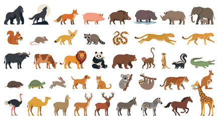 Fototapeta premium Wild and domestic animals big flat collection.