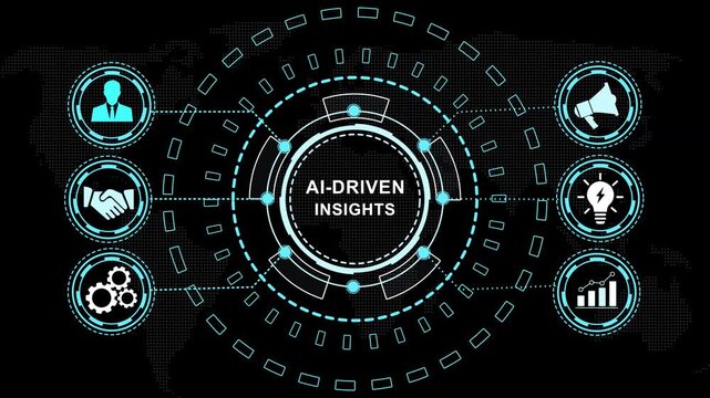 Futuristic ai-driven insights hud interface with animated digital map, global business analytics, network connectivity, machine learning technology, cyber security, and data visualization