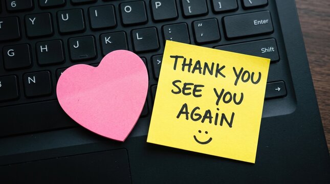 Yellow sticky note with thank you message and pink heart on keyboard