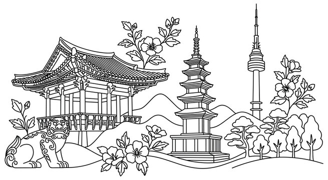 Korean landmark skyline with traditional temple and tower.