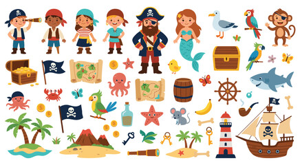 Fototapeta premium Pirate collection set island treasure hunt adventure kids.