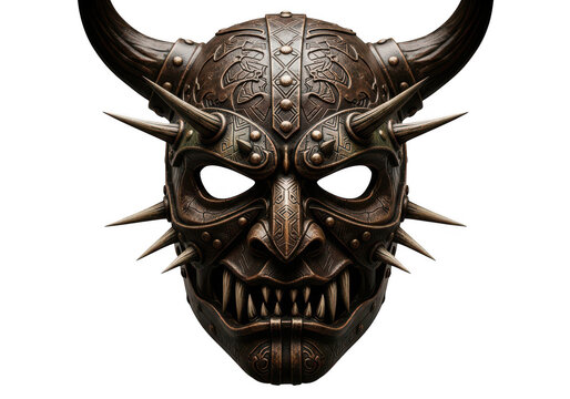 Spooky demon mask with horns and sharp spikes isolated on transparent background