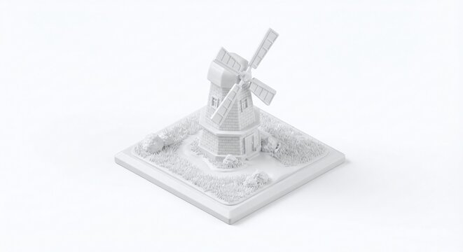 windmill, 3D isometric rendering of a structure and objects with a solid white plastic finish, designed for use as a background element.