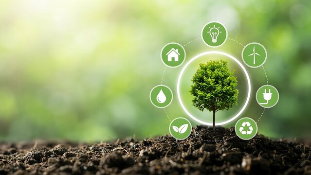 Tree seedling growing in dirt with renewable energy and conservation icons representing ecology and future sustainability