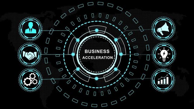 Dynamic business acceleration hud interface featuring global connectivity, corporate strategy digital growth analytics, and futuristic data visualization for enterprise presentations