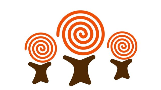 shows three stylized brown and orange autumn trees with swirling canopy designs in a flat vector illustration without a period