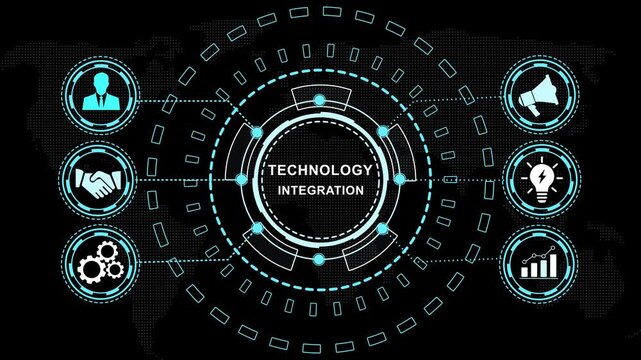 Advanced technology integration hud interface featuring global connectivity, digital network nodes, corporate data analytics, cyber security systems, and futuristic business communication motion