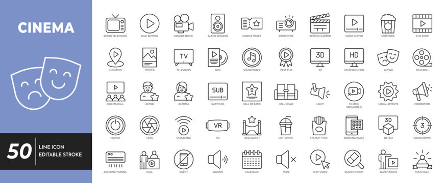 Cinema icon set. Editable stroke. Vetor illustration