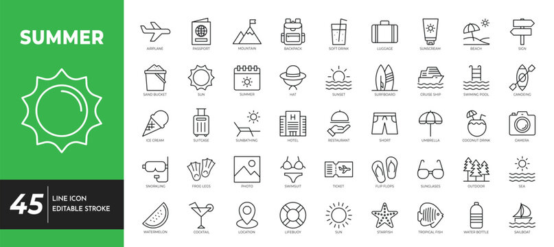 Summer icon set editable stroke
