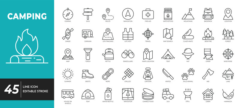 Camping icon set. Editable stroke. Vetor illustration