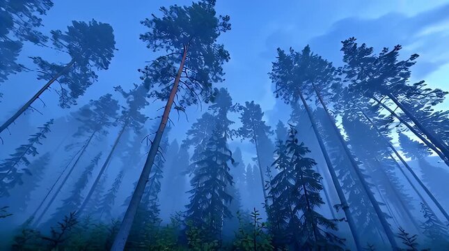 Misty Blue Forest Landscape - Towering Pine Trees Reach Skyward Through Ethereal Fog Creating a Serene and Mysterious Woodland Atmosphere for Nature Stock Photography