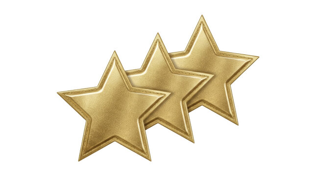 Three gold embroidered star patches with textured finish on png background