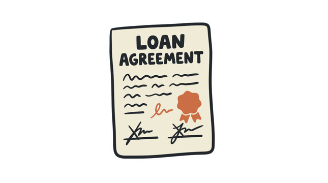 Hand Drawn Illustration of a Formal Financial Loan Agreement Document Featuring Official Signatures and a Decorative Wax Seal Graphic Element