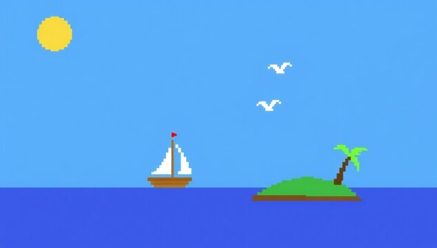 Sailboat on calm ocean with palm tree island