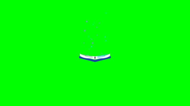 Motion graphic of a glowing digital book opening, releasing a stream of floating knowledge particles on a green screen.