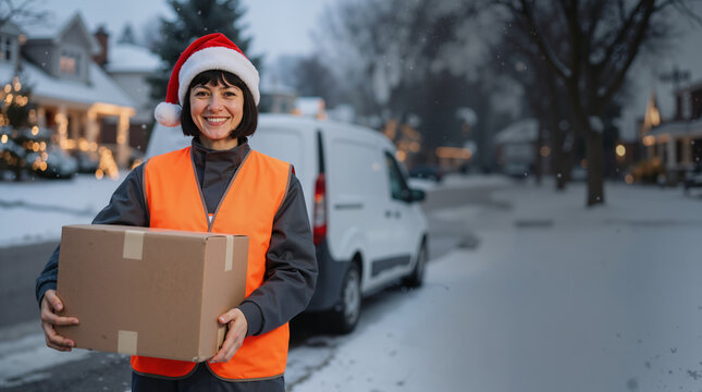 Smiling female delivery courier in Santa hat holding cardboard box package on snowy street. Christmas holiday shipping and logistics concept. White delivery van in background with copy space