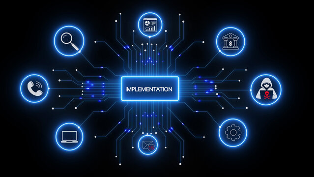 Digital concept featuring the word implementation surrounded by glowing blue circuit lines and various technology including a hacker, bank, and search magnifying glass on a black background
