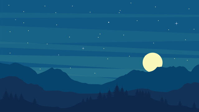 Full moon night landscape background with dark blue mountain silhouette, pine forest, starry sky, and serene moonlight illustration for nature poster.