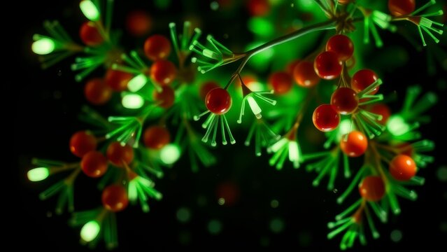 Abstract glowing berries and neon pine needles in darkness