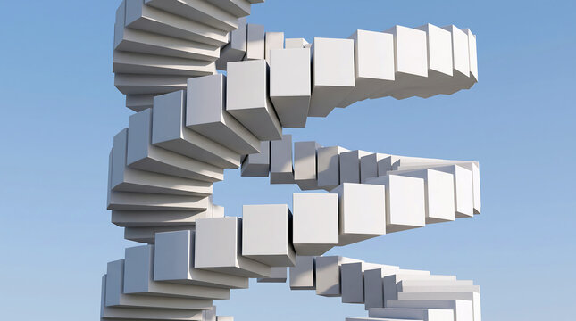 Abstract white spiral staircase formed by floating geometric cubes against clear blue sky background