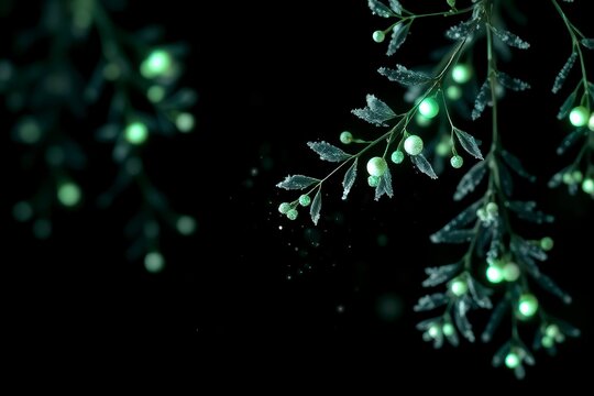 Glowing berries on frost covered branches at night