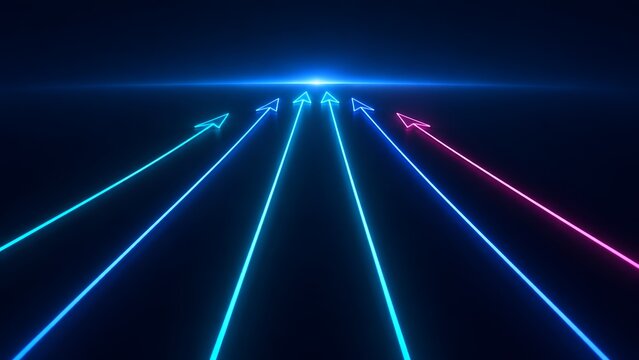 Glowing neon arrows converging towards a distant light horizon representing strategic focus futuristic vision and common business goals