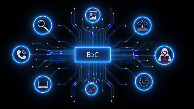 Digital concept of b2 c displayed with glowing blue neon lines, connected of bank, magnifying glass, laptop, phone, gear, email, and a hacker figure on a dark black background