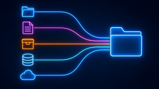 Digital data integration concept with glowing neon lines connecting multiple file source icons to a central storage folder