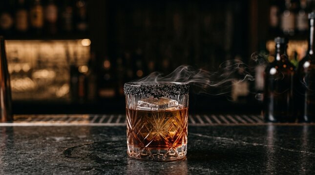 Smoked whiskey cocktail with black salt rim and ice cube on dark marble bar counter in cinematic moody lounge.