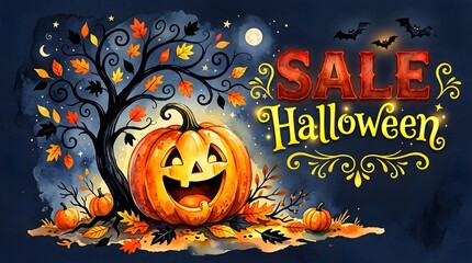 Fototapeta premium Watercolor halloween sale illustration with pumpkin