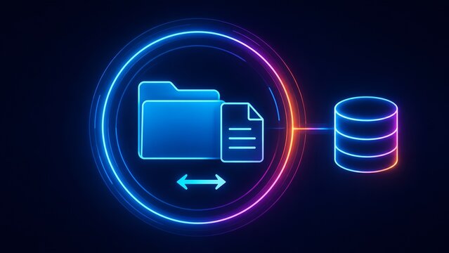 Digital data synchronization concept with glowing neon folder document and server database icons transferring information