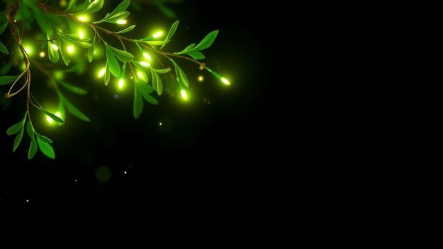 Glowing green leaves on branch with magic lights on black background