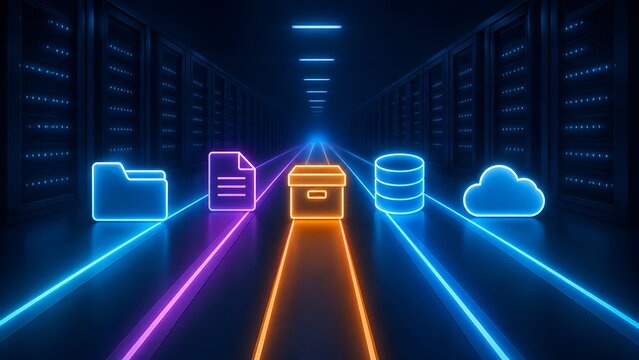 High speed data migration and cloud computing network trails with glowing file management icons inside server room data center