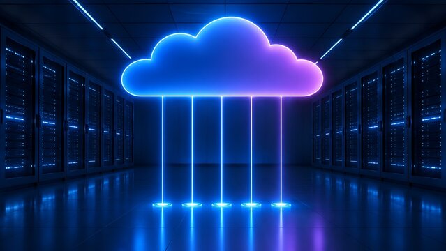 Glowing neon cloud computing symbol with vertical data transfer streams in modern dark server room infrastructure