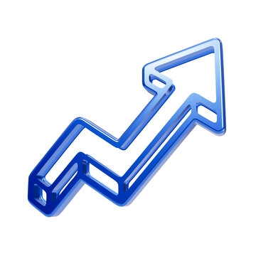 Detailed zigzag blue glass arrow pointing upwards with dimensional edges on black background
